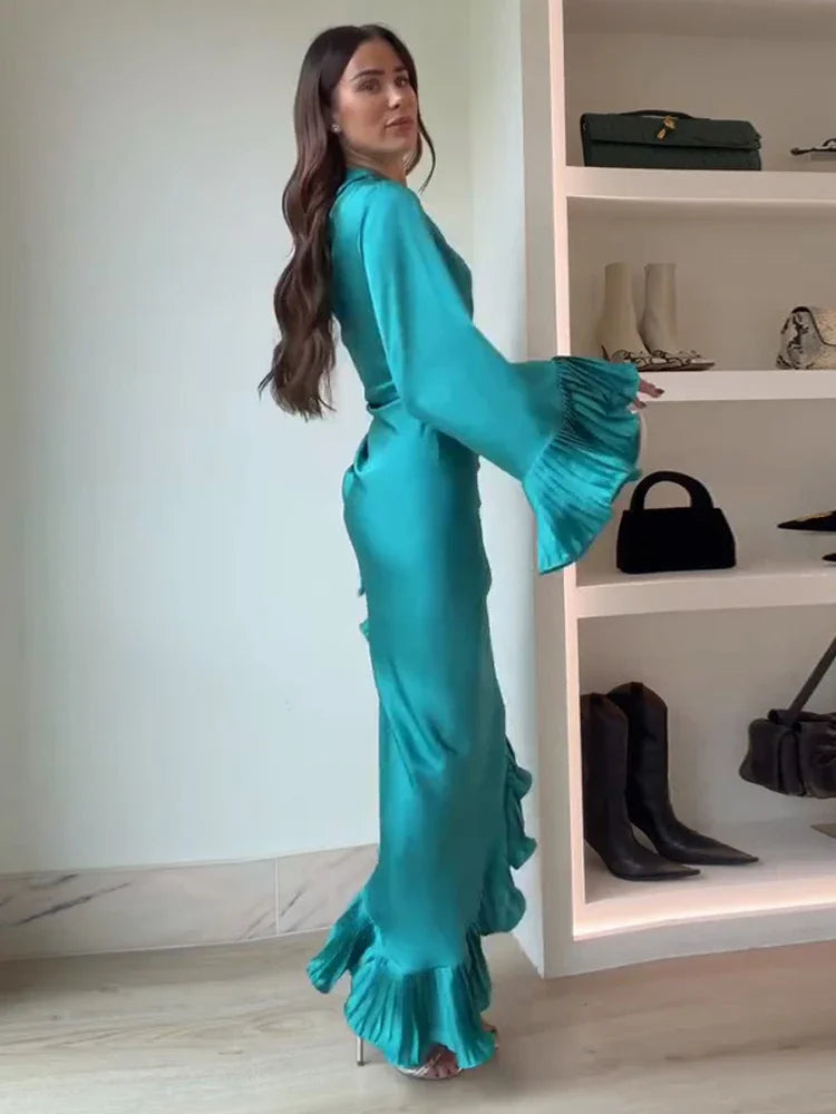 Blue Stain Evening Dresses for Women One Shoulder Long Sleeve Asymmetrical Ruffle Slim Long Dresses 2026 Spring New Party Gown