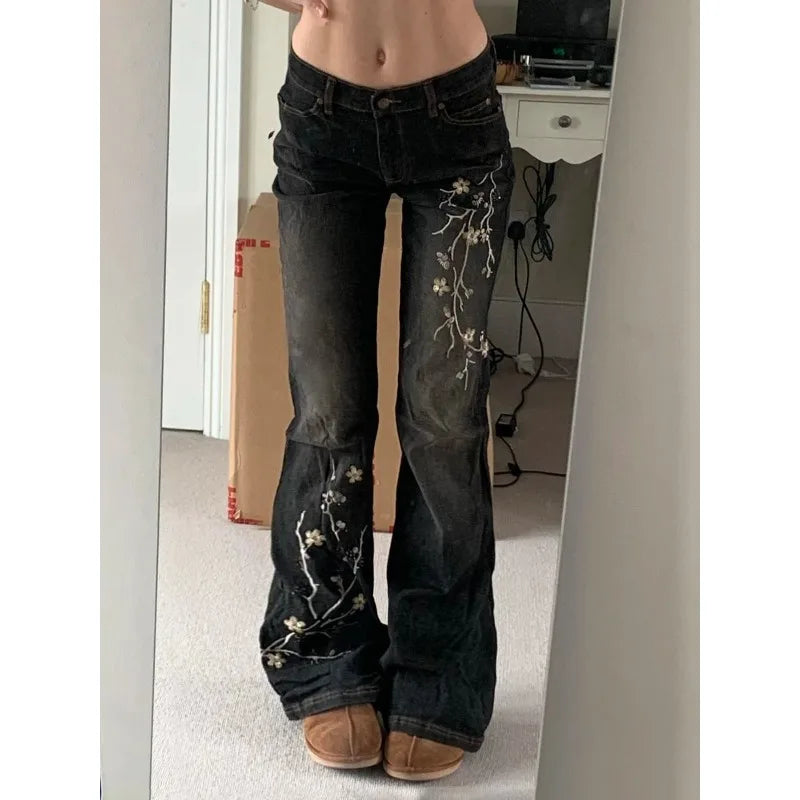 Weekeep Floral Embroidery Jeans Vintage 2000s Low Rise Flared Jeans Women Retro  Baggy Denim Pants High Street Basic Trousers