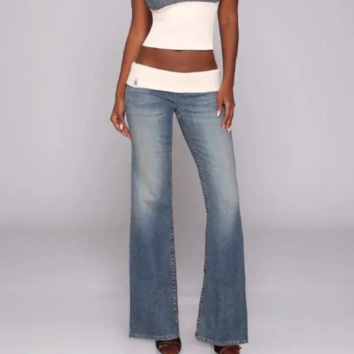 Y2K New Vintage Style Flare Jeans Women Low Waist Stretch Denim Pants With Contrast Waistband Casual Streetwear Trousers