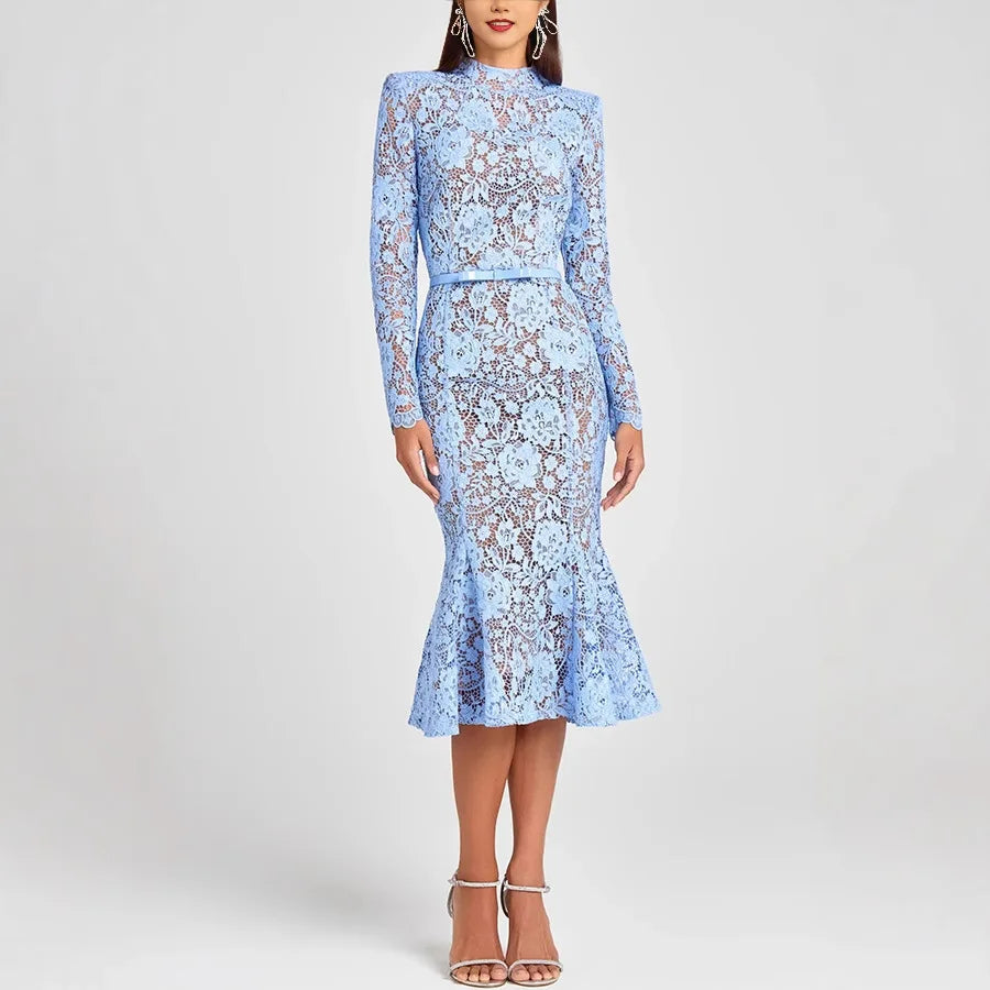 No Lining Embroidered Lace Formal Evening Dresses Women Hollow Out Belted Long Sleeve Mermaid Dress Summer Midi Vestidos Holiday