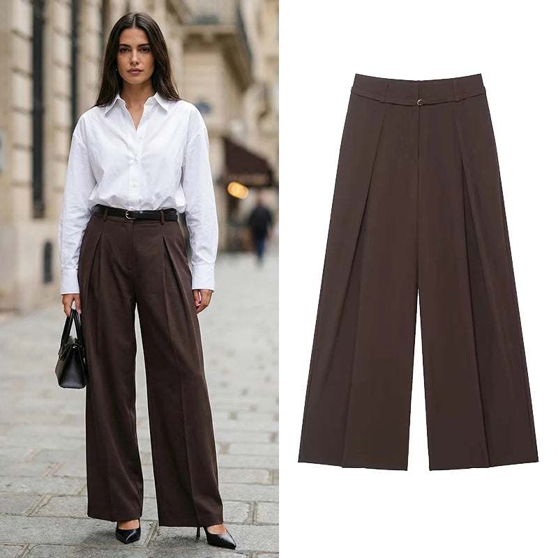 Willshela Women Fashion With Belt Coffee Front Zipper Pleated Wide Leg Pants Vintage Mid Waist Full Length Female Chic Trousers